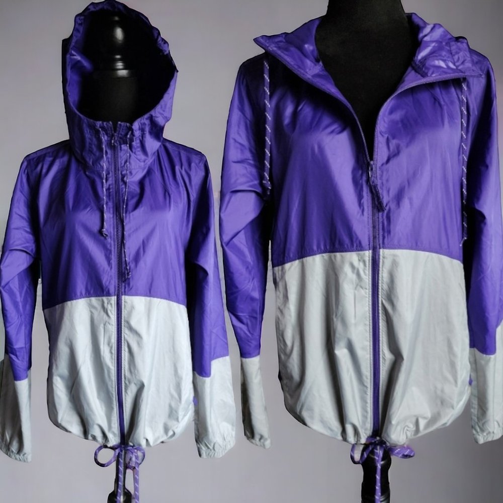 COLUMBIA Purple and Gray Colorblock Hooded Windbreaker Size MED